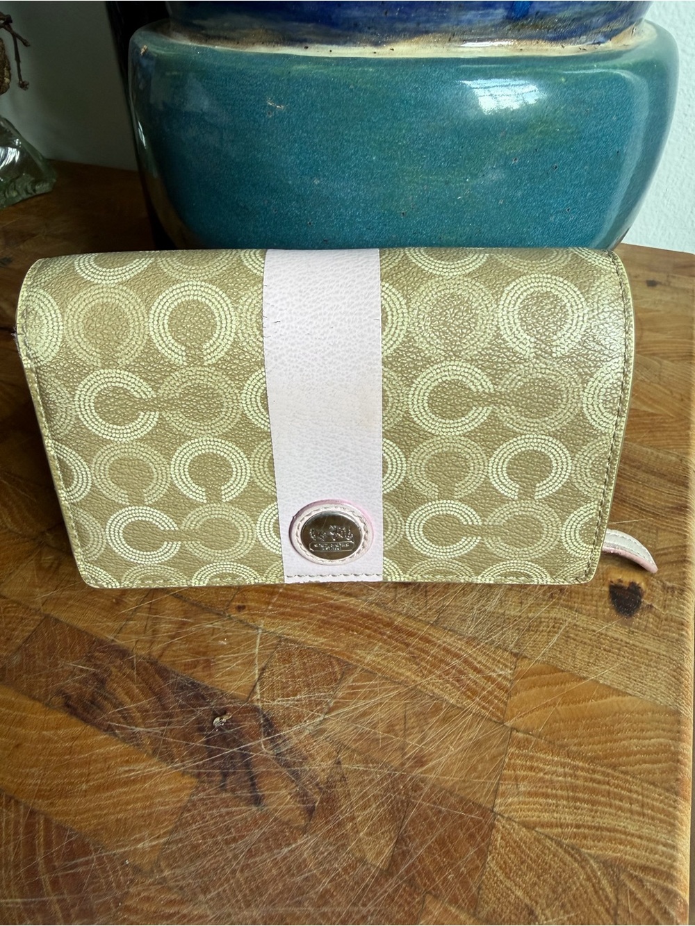 Coach Signature C Wallet Khaki Pink Leather Stripe Continental Organizer